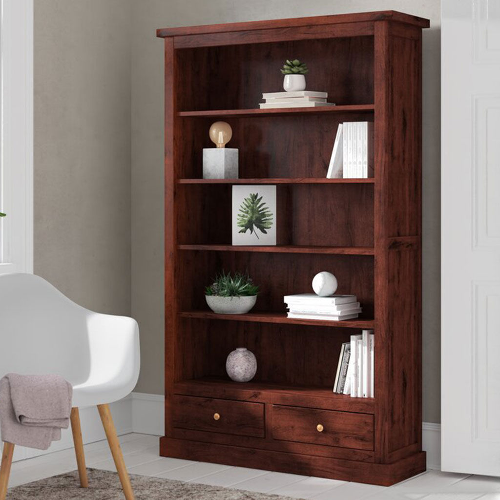 Solid Mango Wood Bookcase With 2 Drawers And 5 Shelves - Jaipur