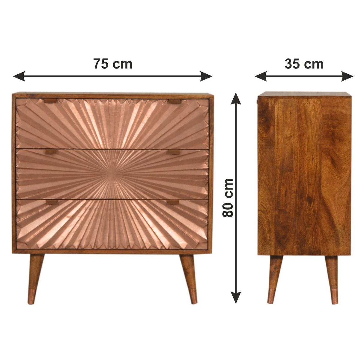 Solid Mango Wood Chest Of 3 Drawers With Copper Front - Manila