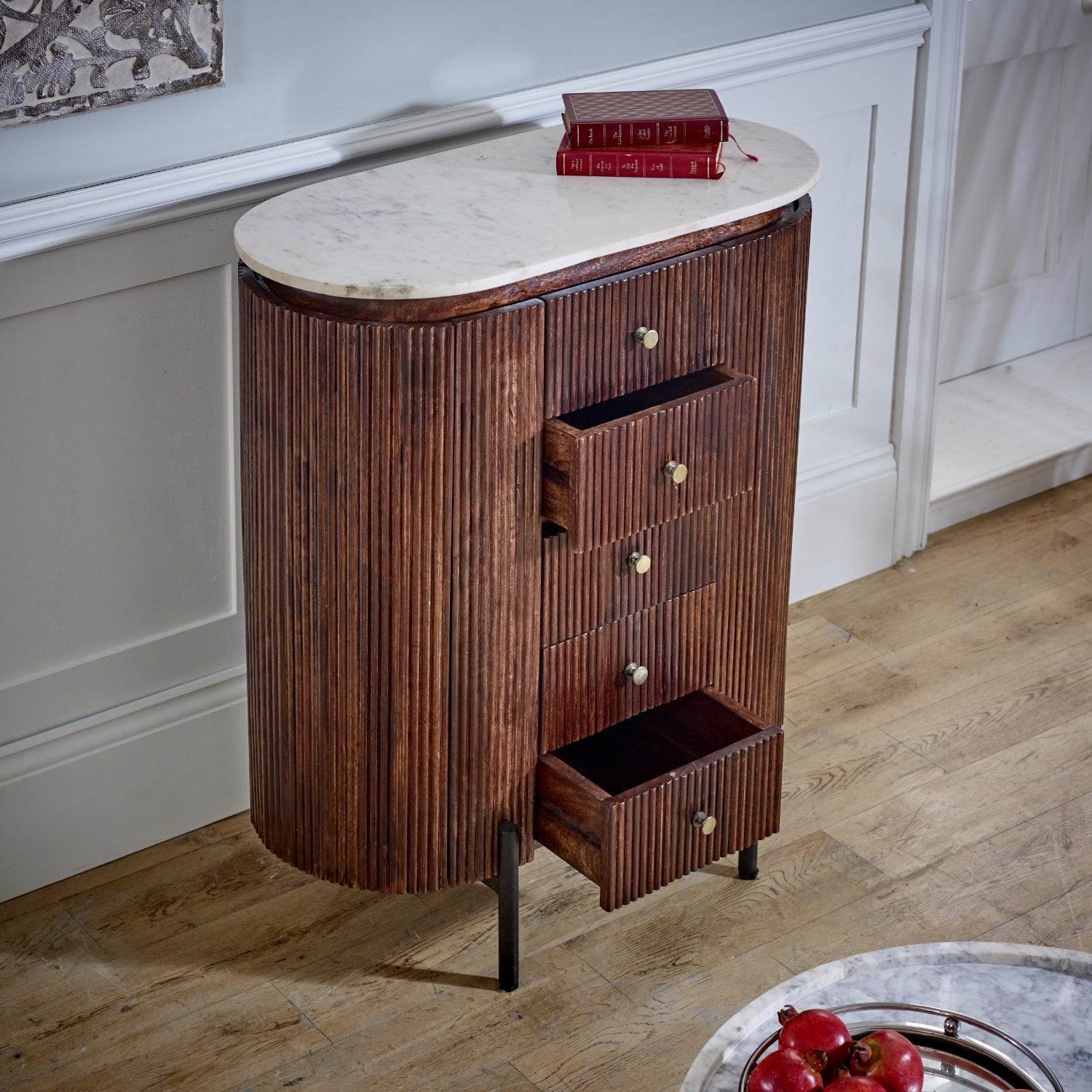 Solid Mango Wood Chest Of 5 Drawers With Marble Top - Opal