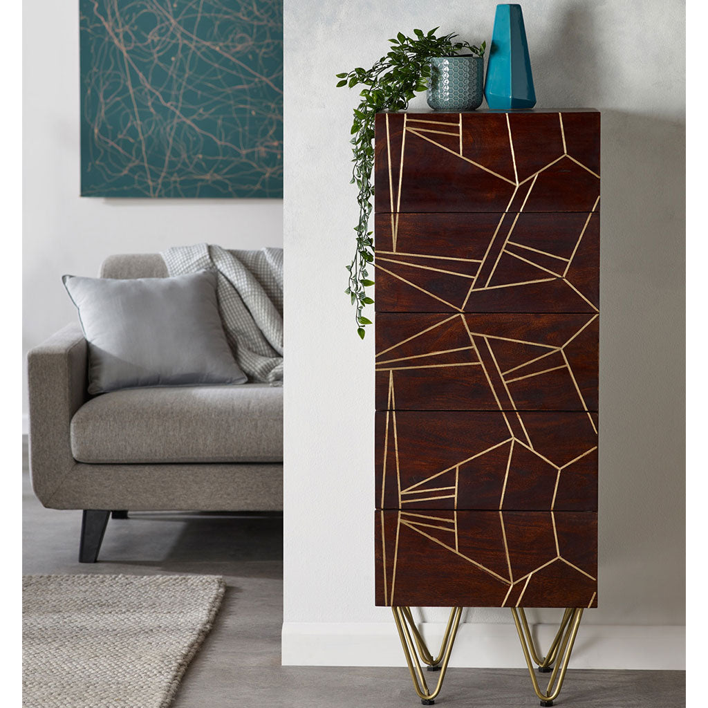 Solid Mango Wood Chest Of 5 Drawers Tall - Dark Gold