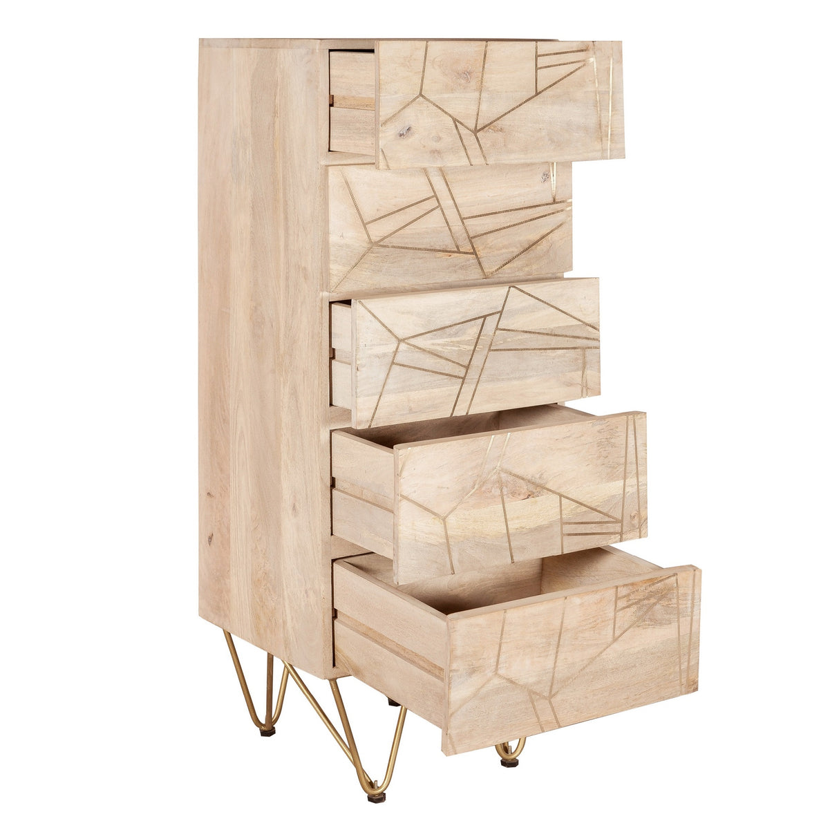 Solid Mango Wood Chest Of 5 Drawers Tall - Light Gold