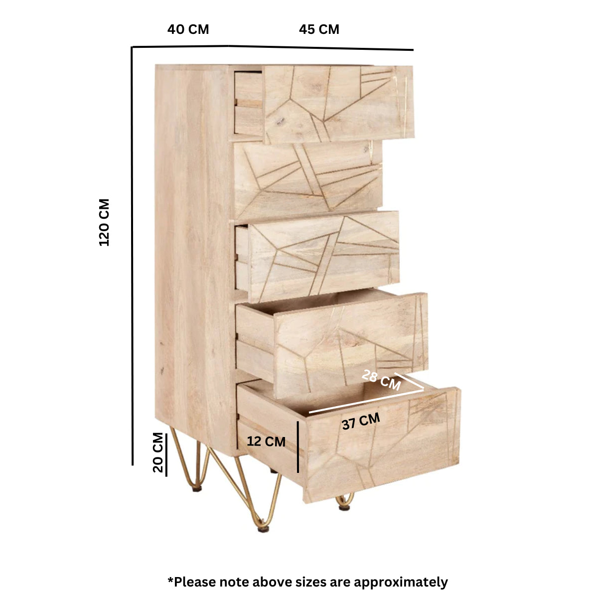 Solid Mango Wood Chest Of 5 Drawers Tall - Light Gold