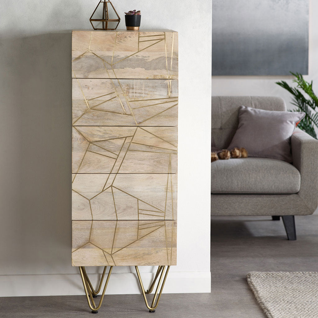 Solid Mango Wood Chest Of 5 Drawers Tall - Light Gold