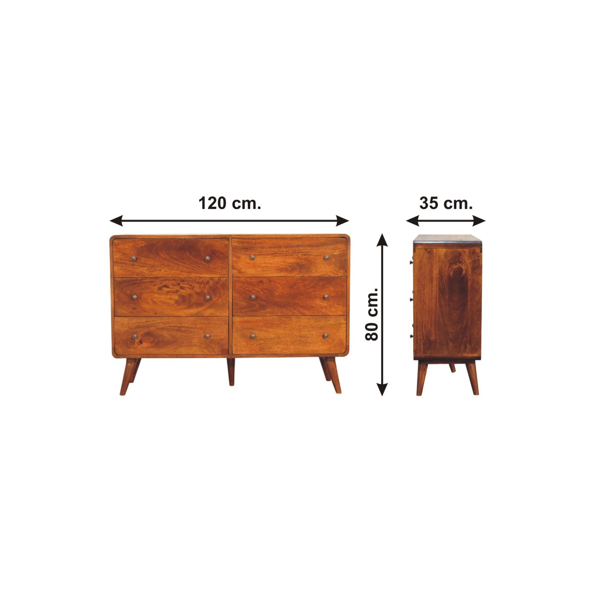 Solid Mango Wood Chest Of 6 Drawers Large And Curved - Lincoln