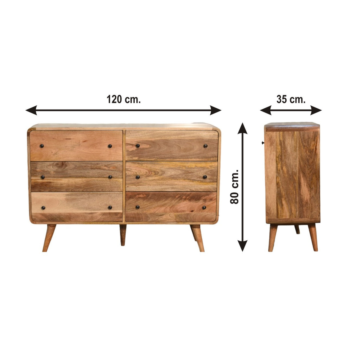 Solid Mango Wood Chest Of 6 Drawers Large And Curved - Lincoln