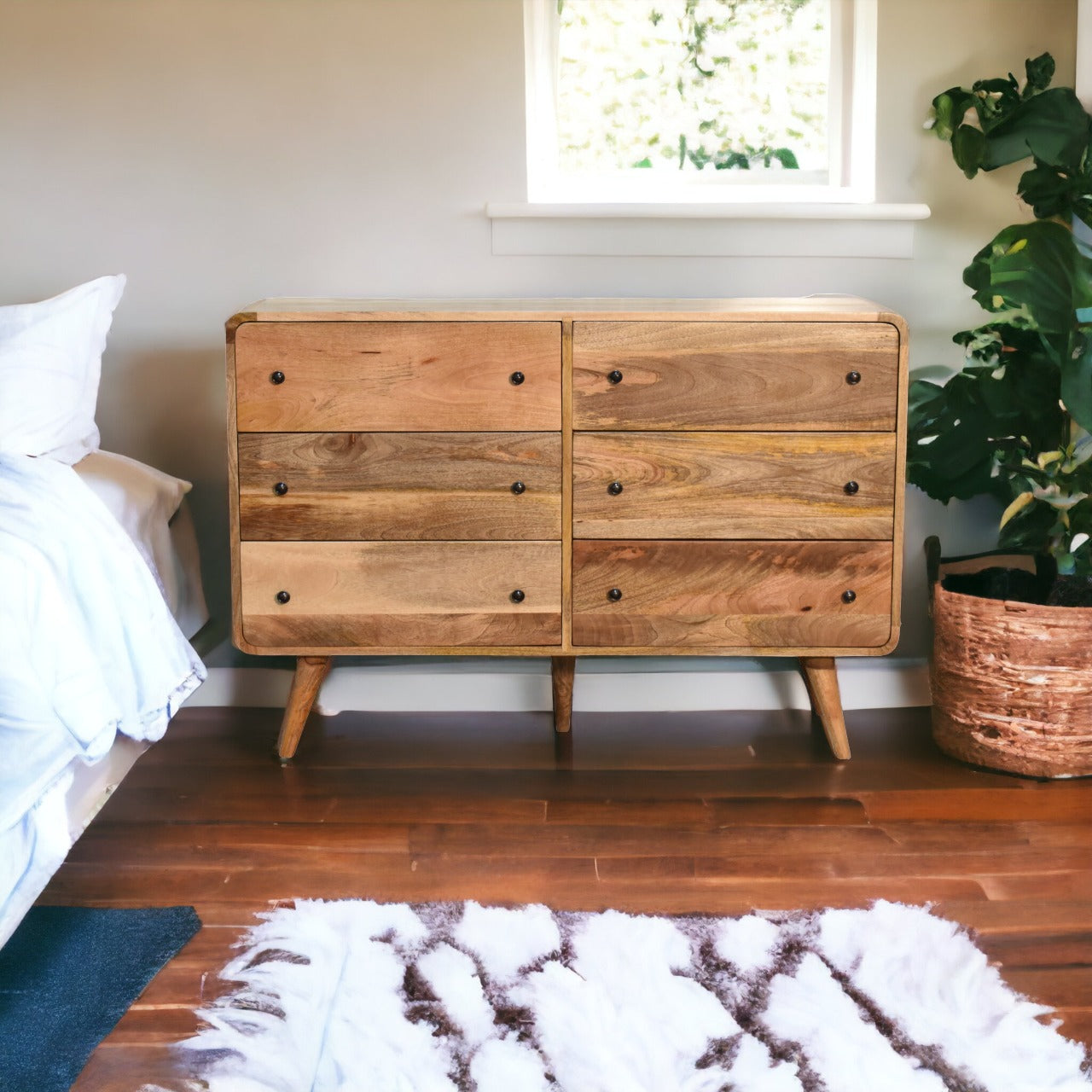 Solid Mango Wood Chest Of 6 Drawers Large And Curved - Lincoln
