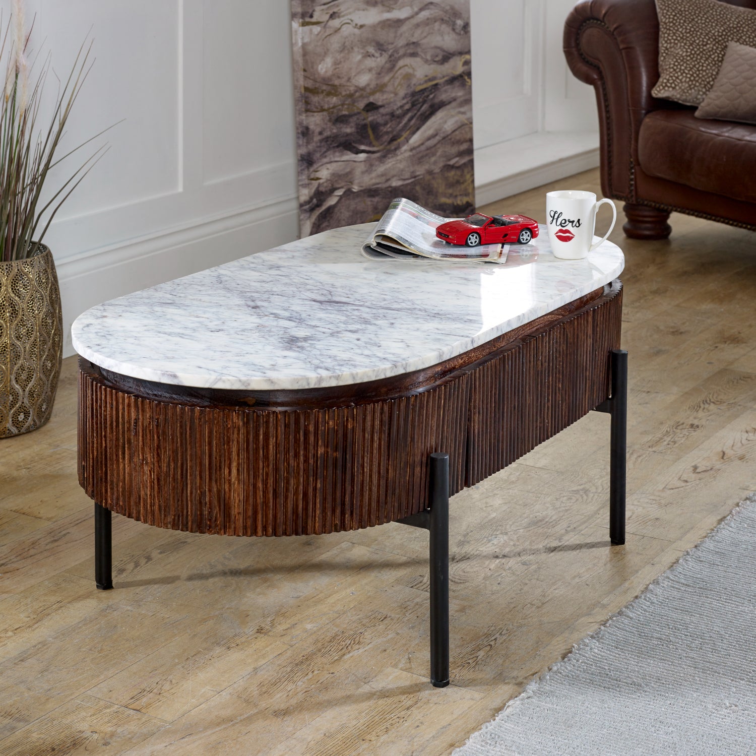 Solid Mango Wood Coffee Table Oval With Marble Top - Opal