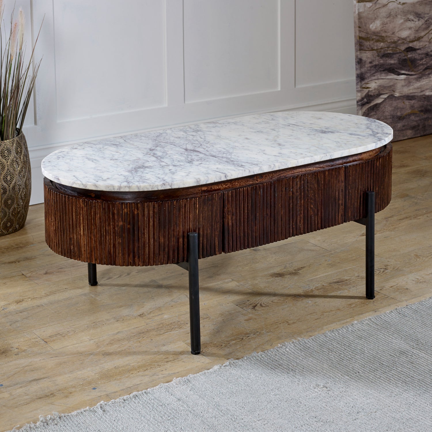 Solid Mango Wood Coffee Table Oval With Marble Top - Opal