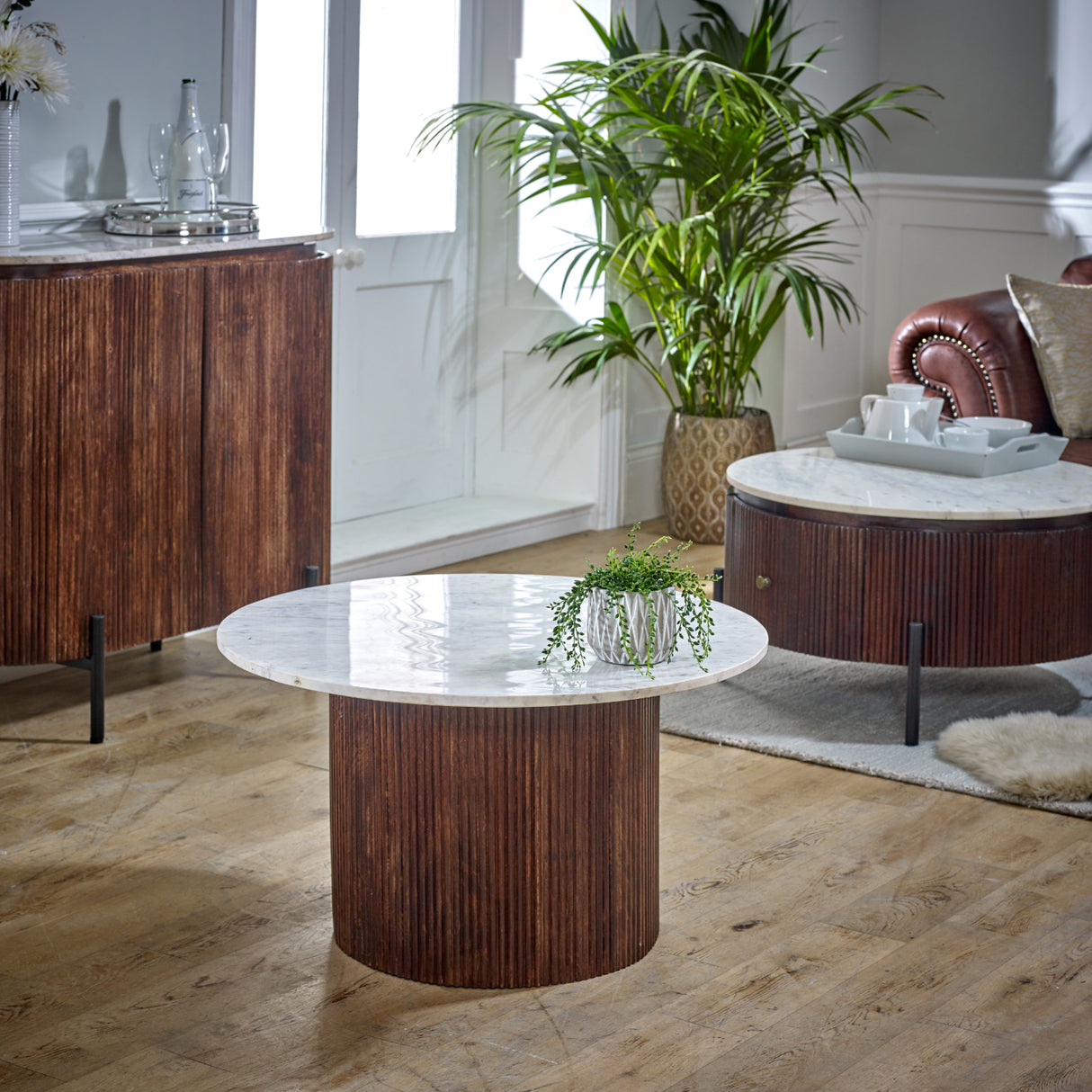 Solid Mango Wood Coffee Table Round With White Marble Top - Opal