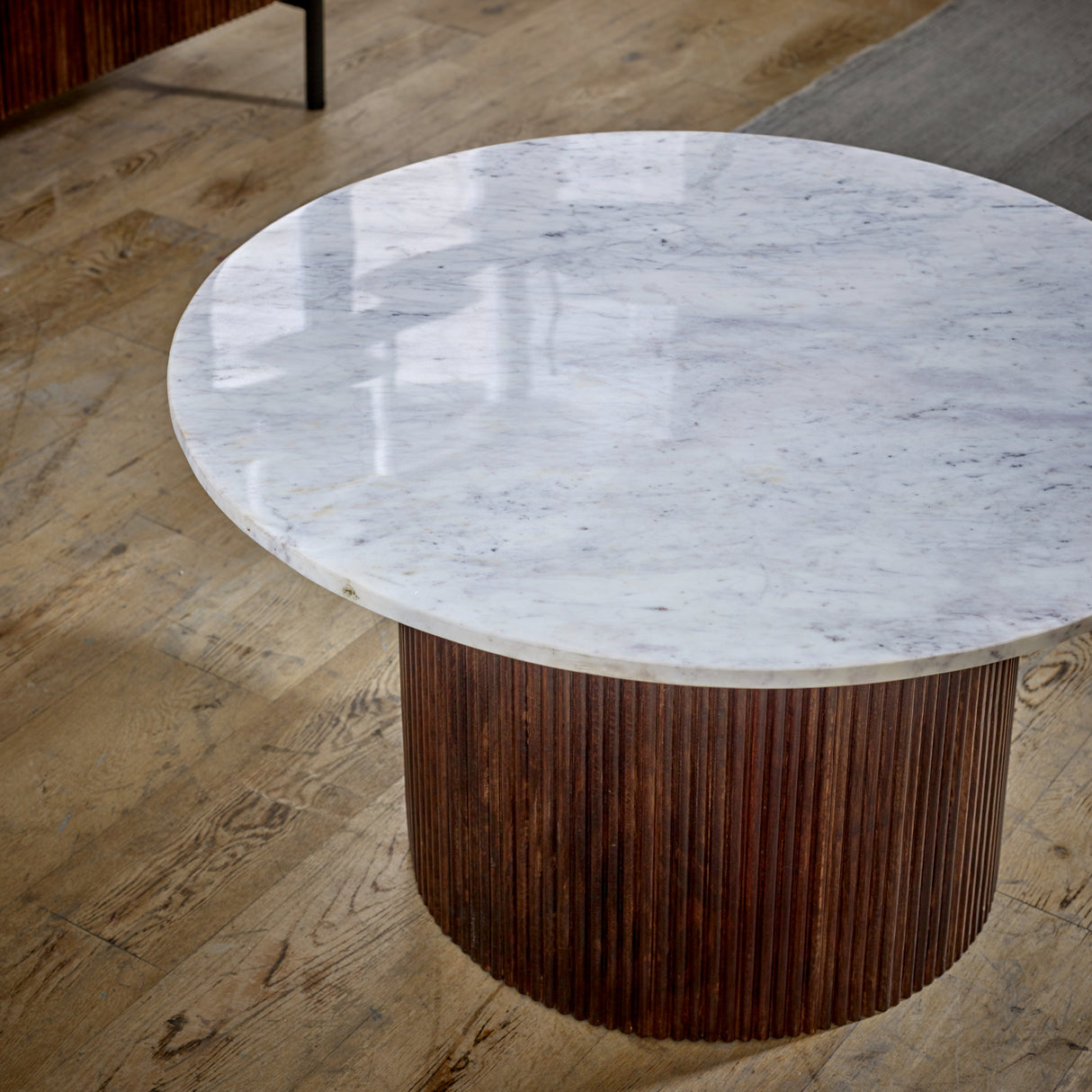 Solid Mango Wood Coffee Table Round With White Marble Top - Opal