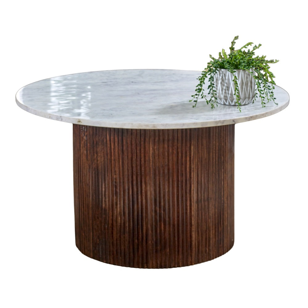Solid Mango Wood Coffee Table Round With White Marble Top - Opal