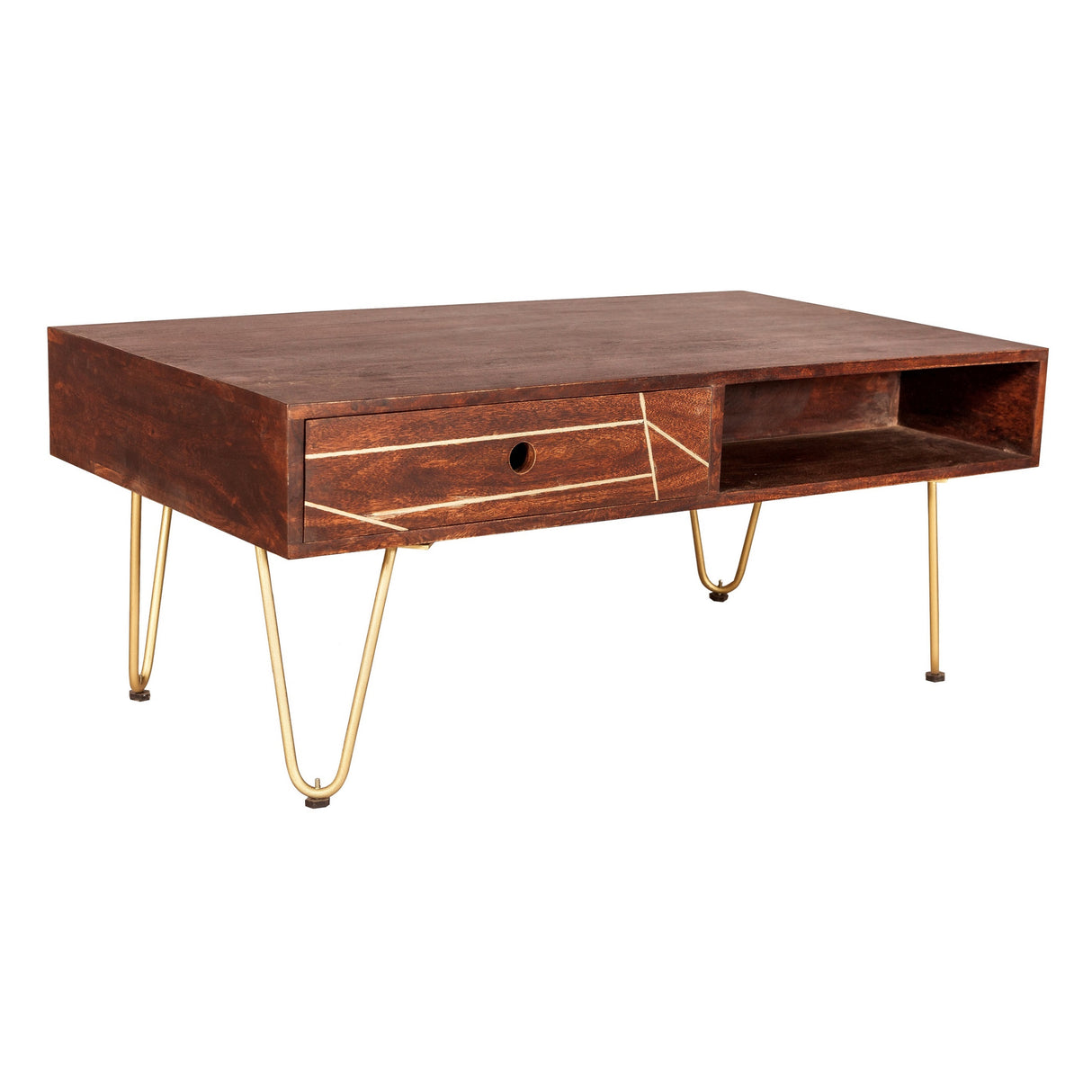 Solid Mango Wood Coffee Table With 2 Drawers - Dark Gold