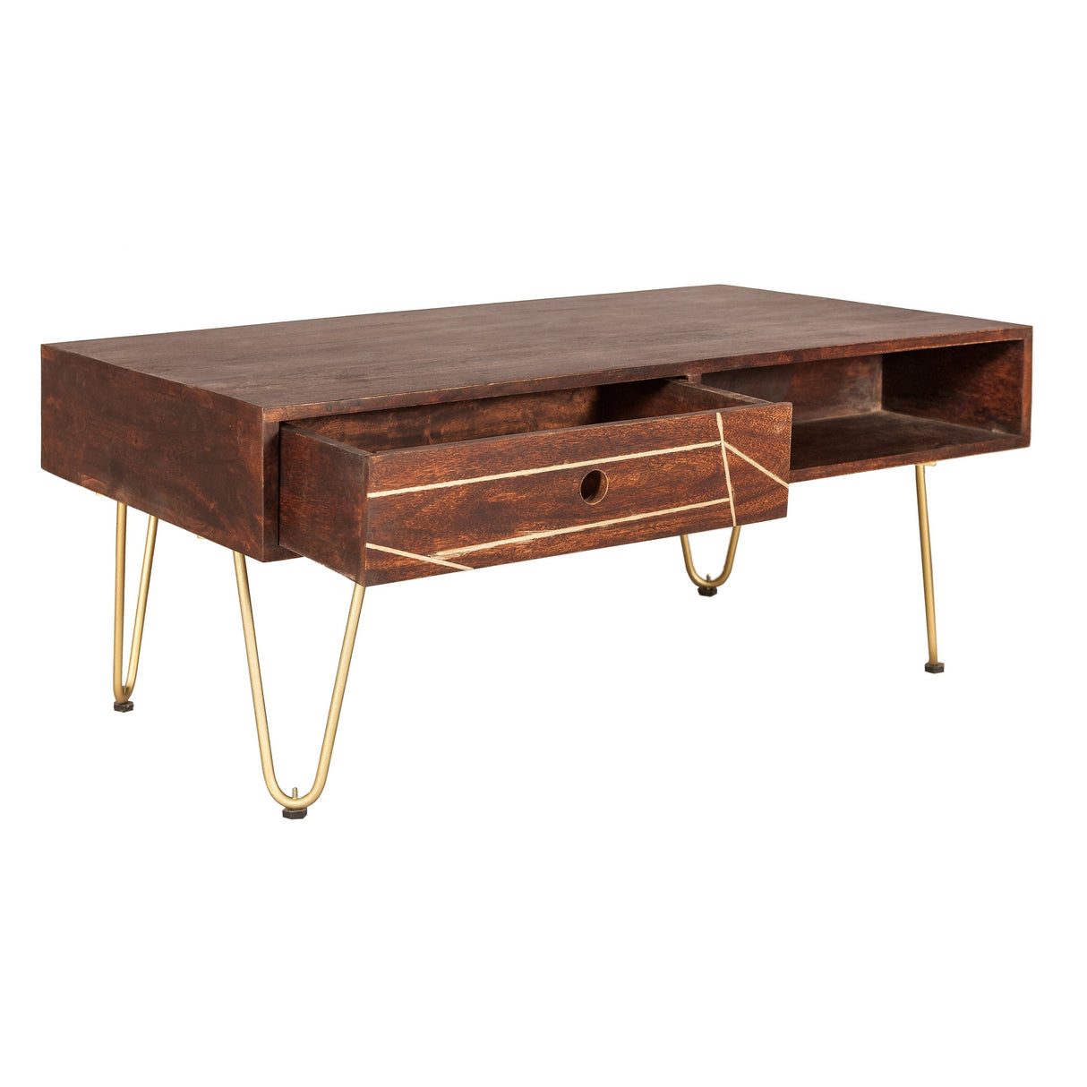 Solid Mango Wood Coffee Table With 2 Drawers - Dark Gold