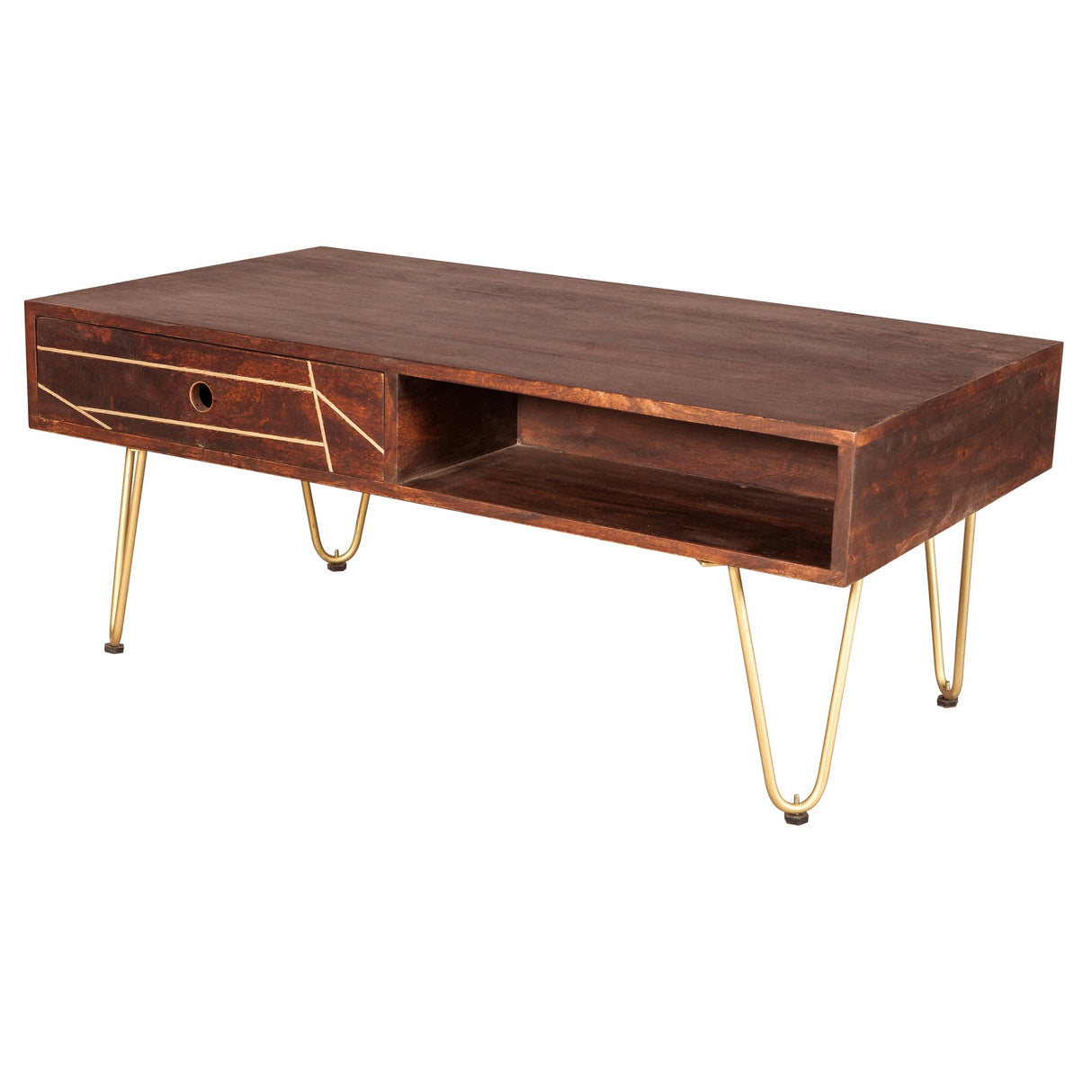 Solid Mango Wood Coffee Table With 2 Drawers - Dark Gold
