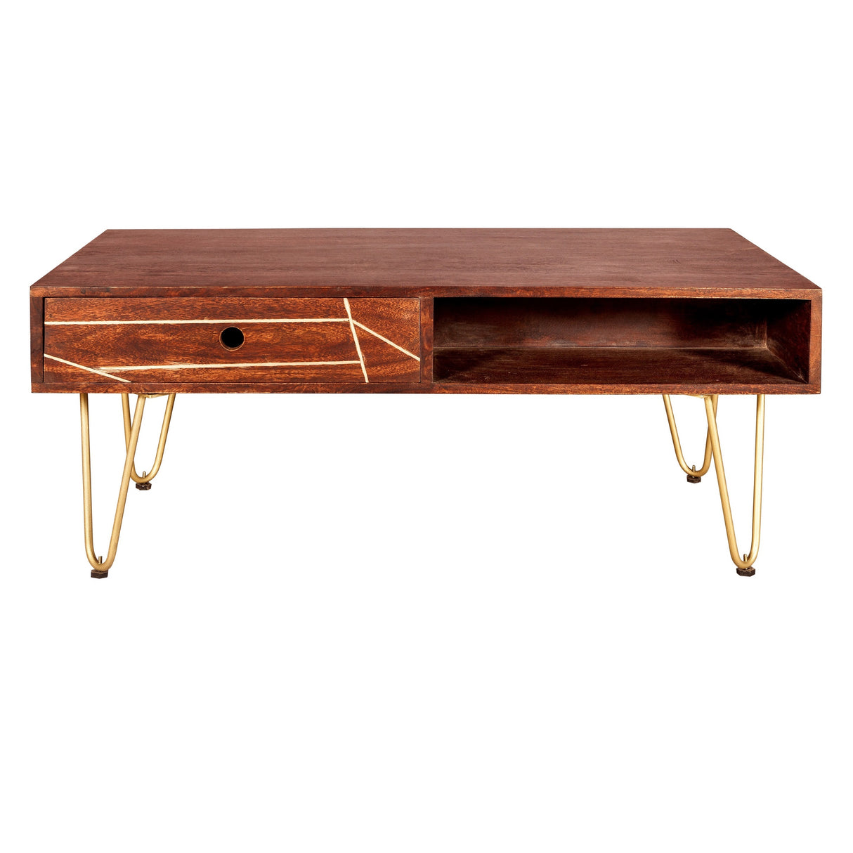 Solid Mango Wood Coffee Table With 2 Drawers - Dark Gold