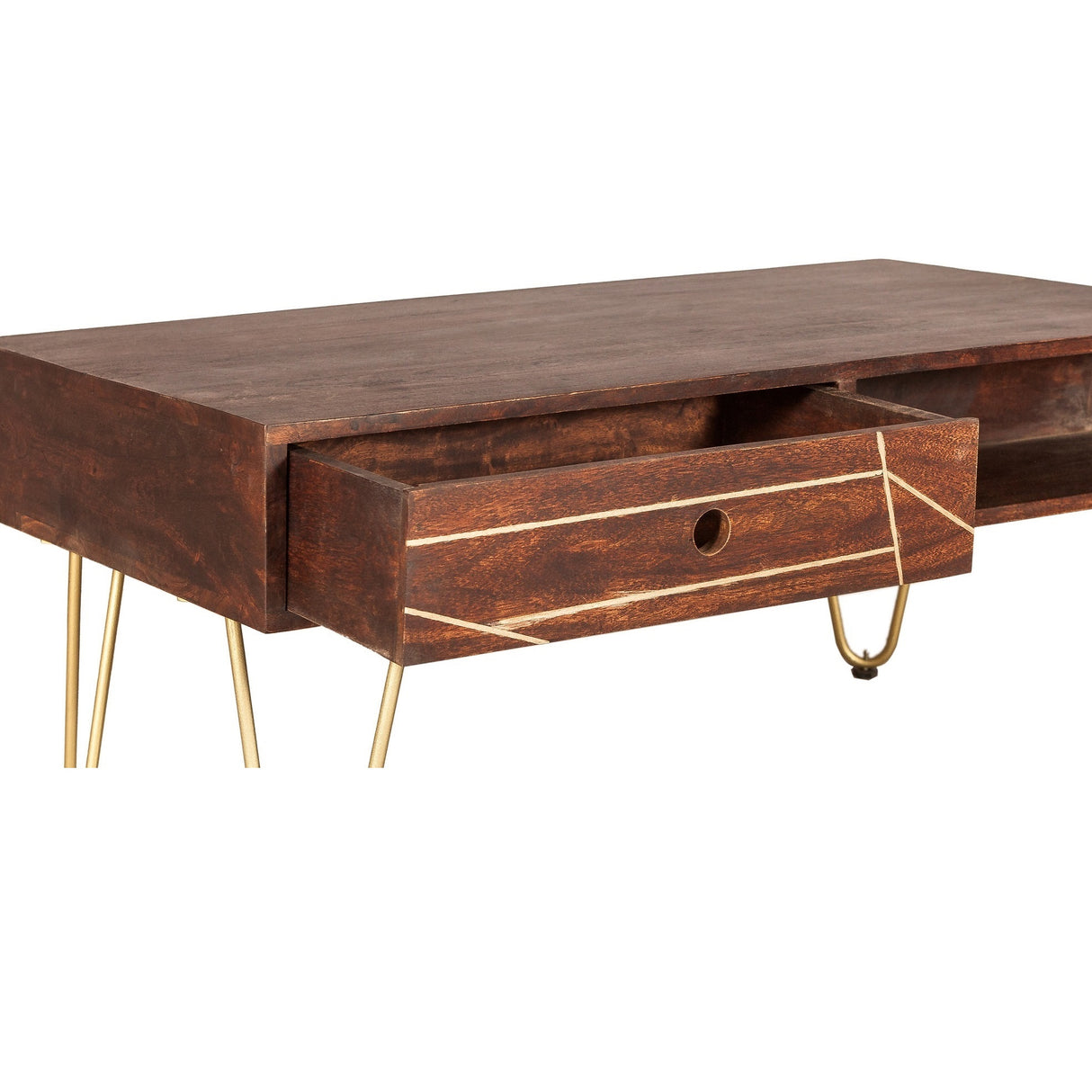 Solid Mango Wood Coffee Table With 2 Drawers - Dark Gold