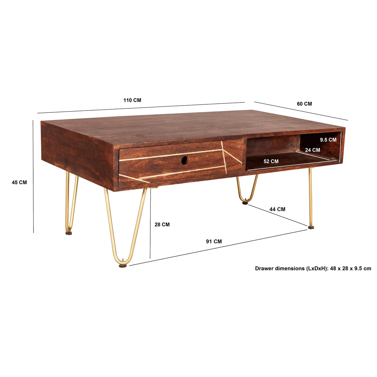 Solid Mango Wood Coffee Table With 2 Drawers - Dark Gold