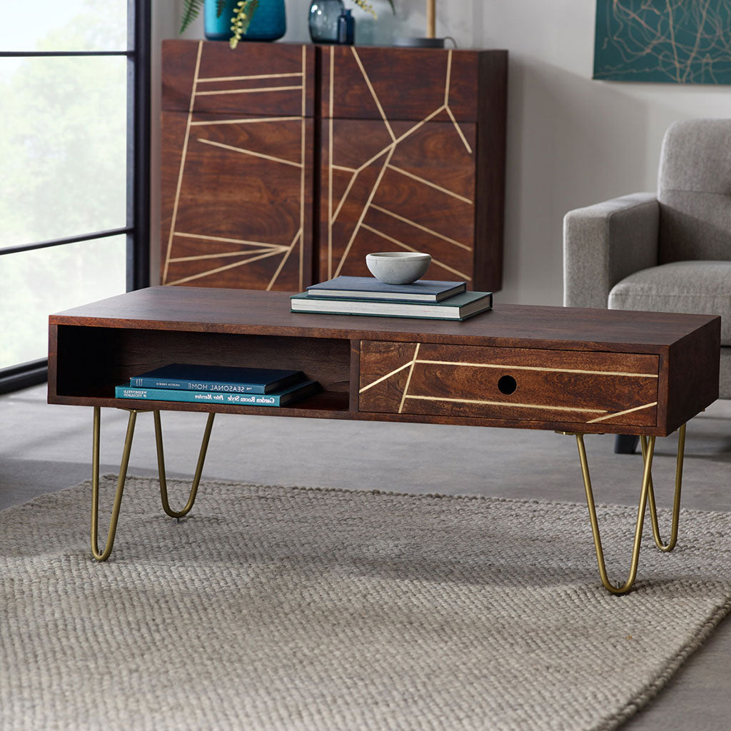 Solid Mango Wood Coffee Table With 2 Drawers - Dark Gold