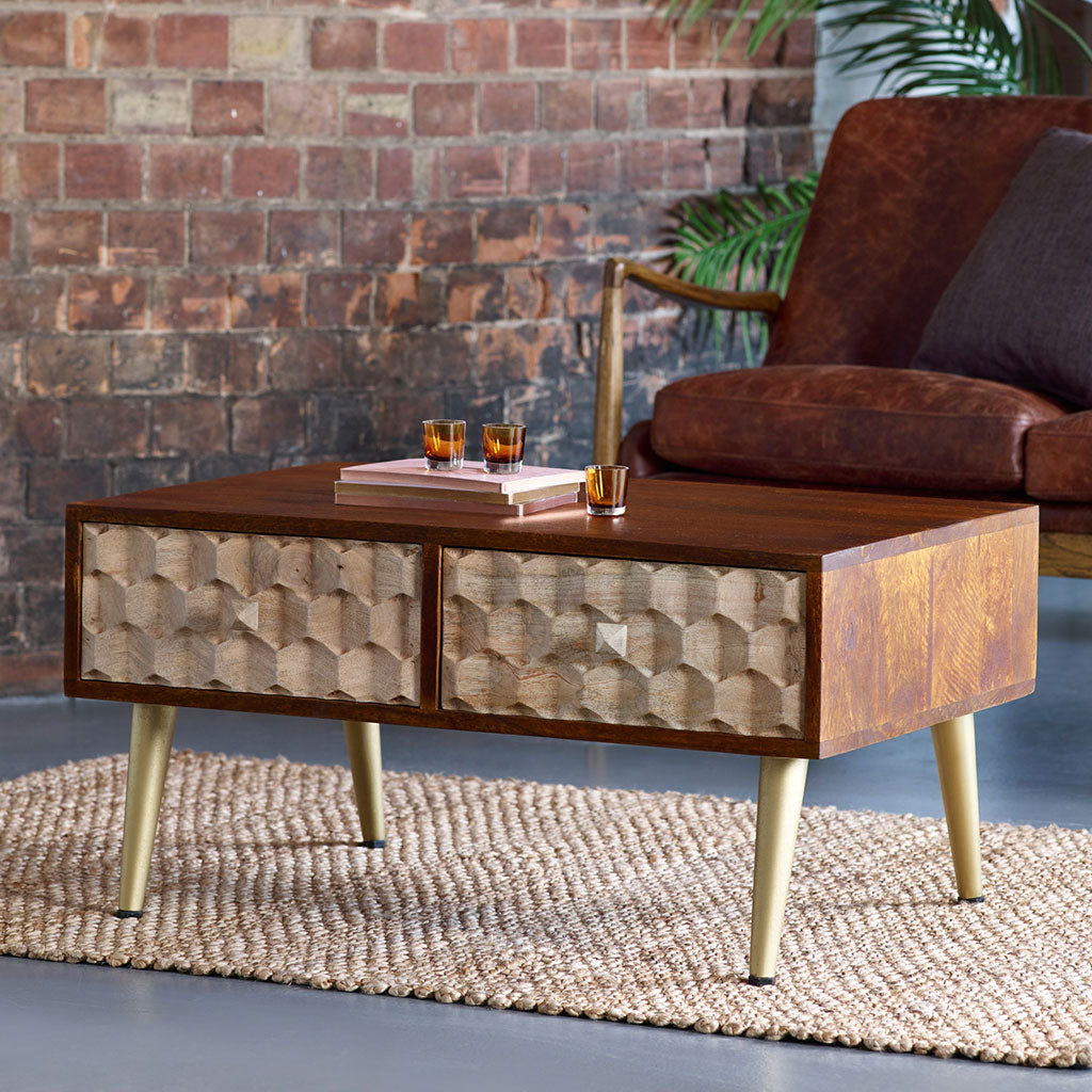 Solid Mango Wood Coffee Table With 2 Drawers - Edison