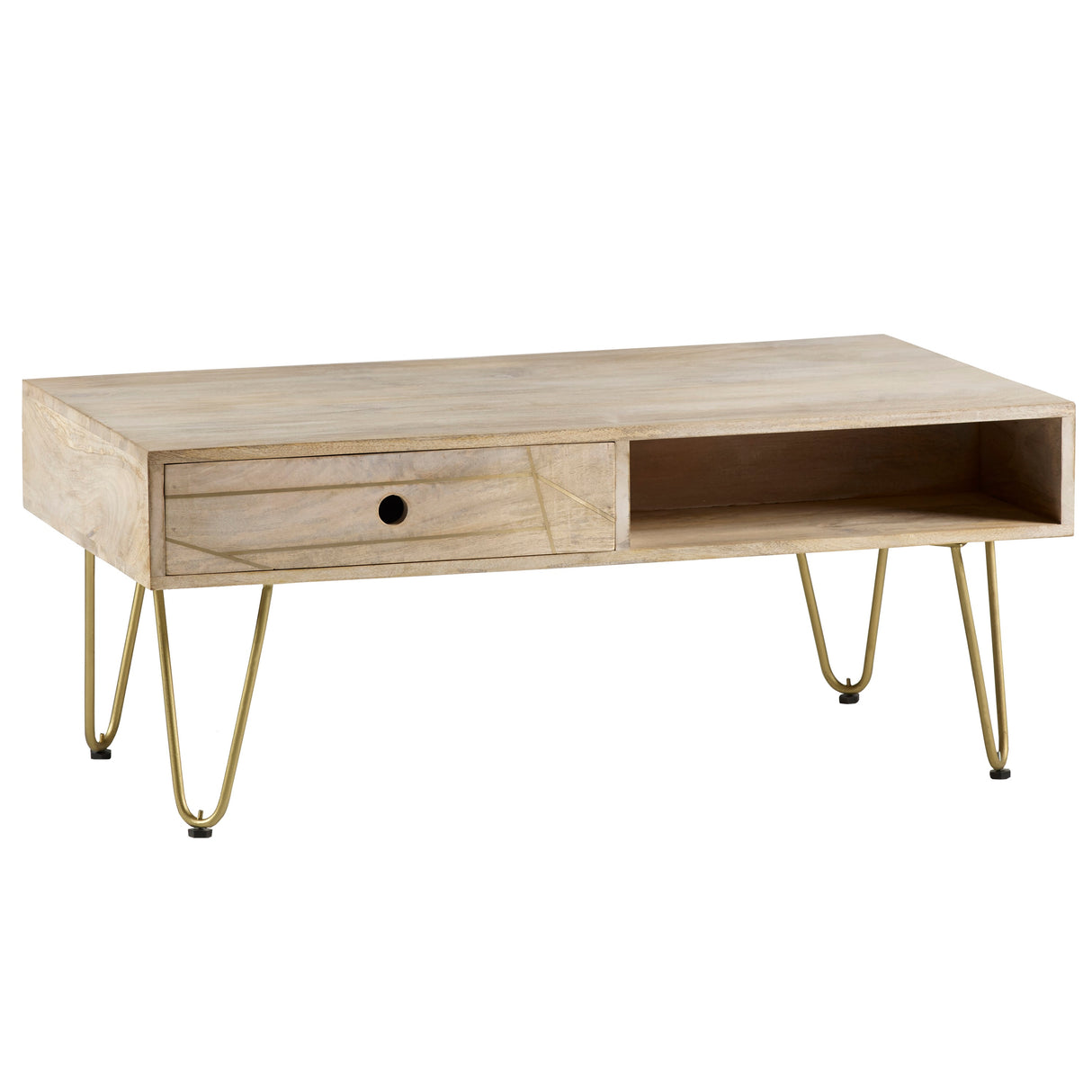 Solid Mango Wood Coffee Table With 2 Drawers - Light Gold