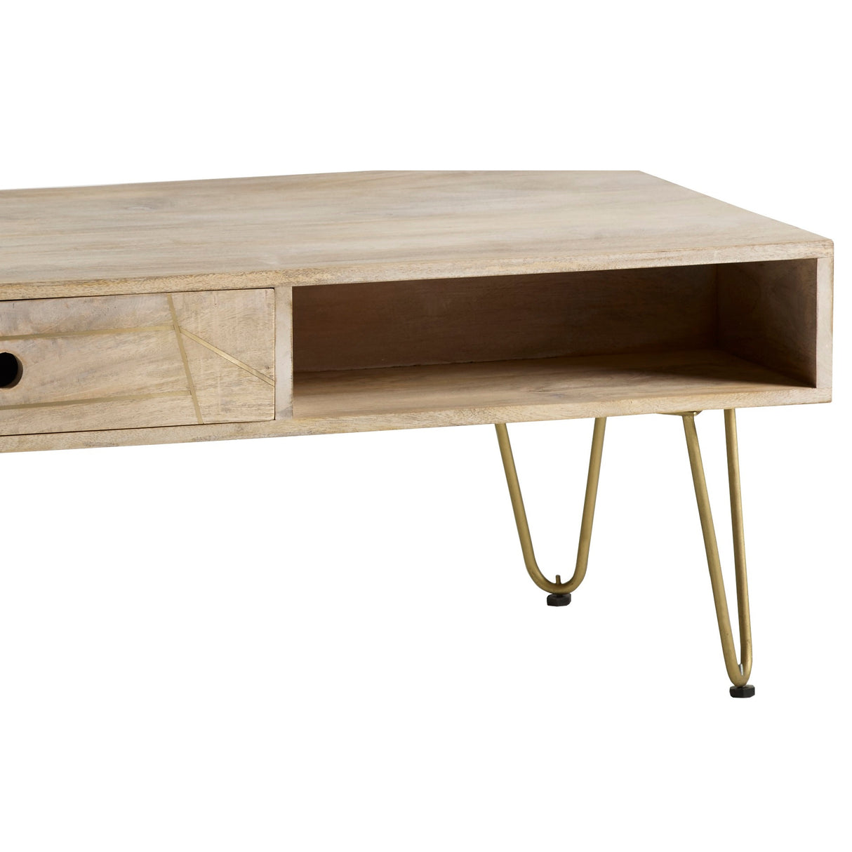Solid Mango Wood Coffee Table With 2 Drawers - Light Gold
