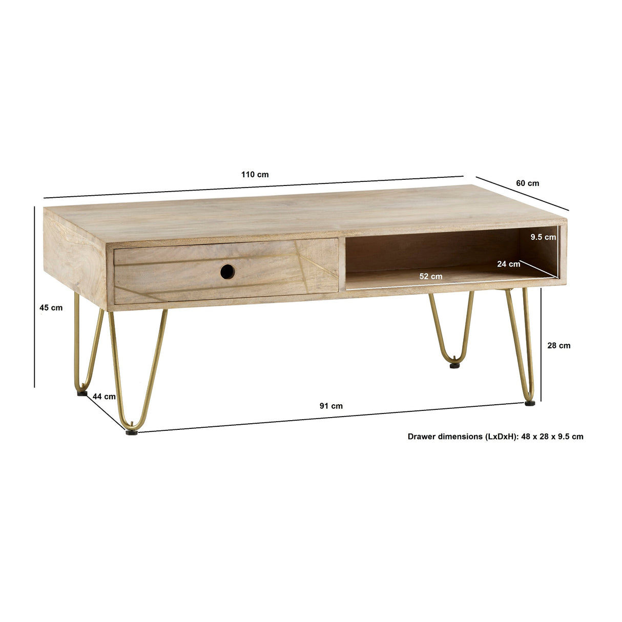 Solid Mango Wood Coffee Table With 2 Drawers - Light Gold