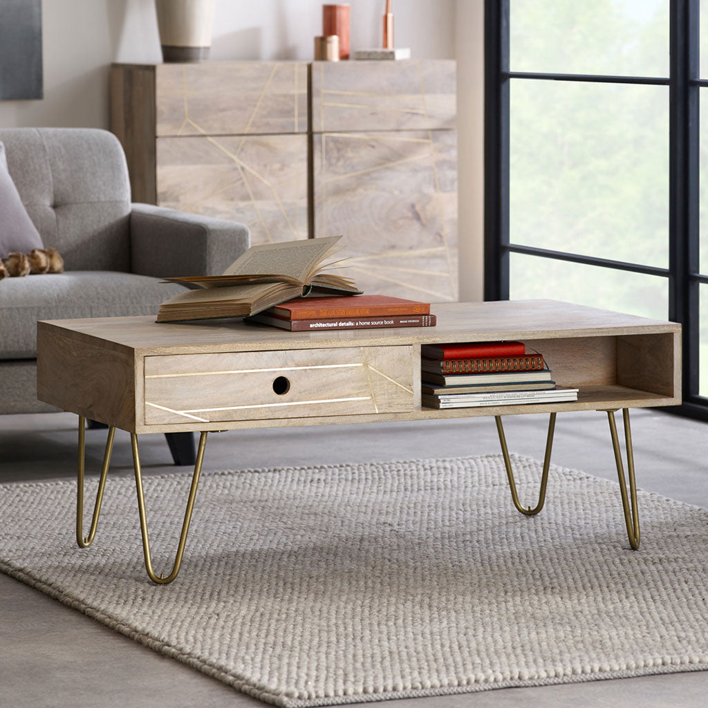 Solid Mango Wood Coffee Table With 2 Drawers - Light Gold