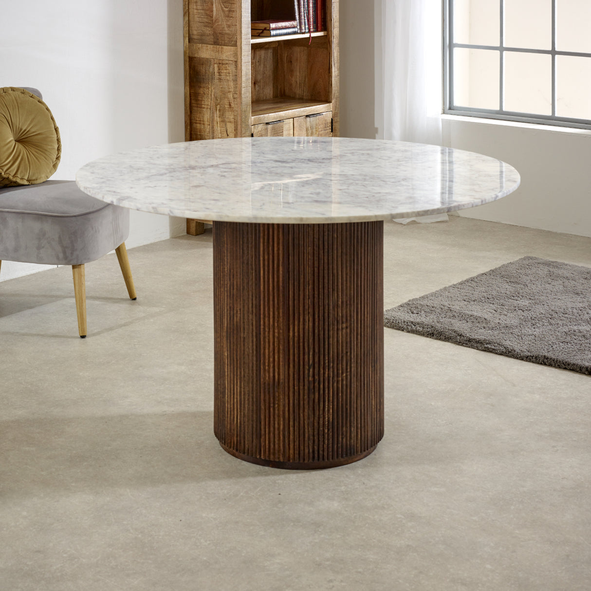 Solid Mango Wood Dining Table for 4 People Round With Marble Top - Opal