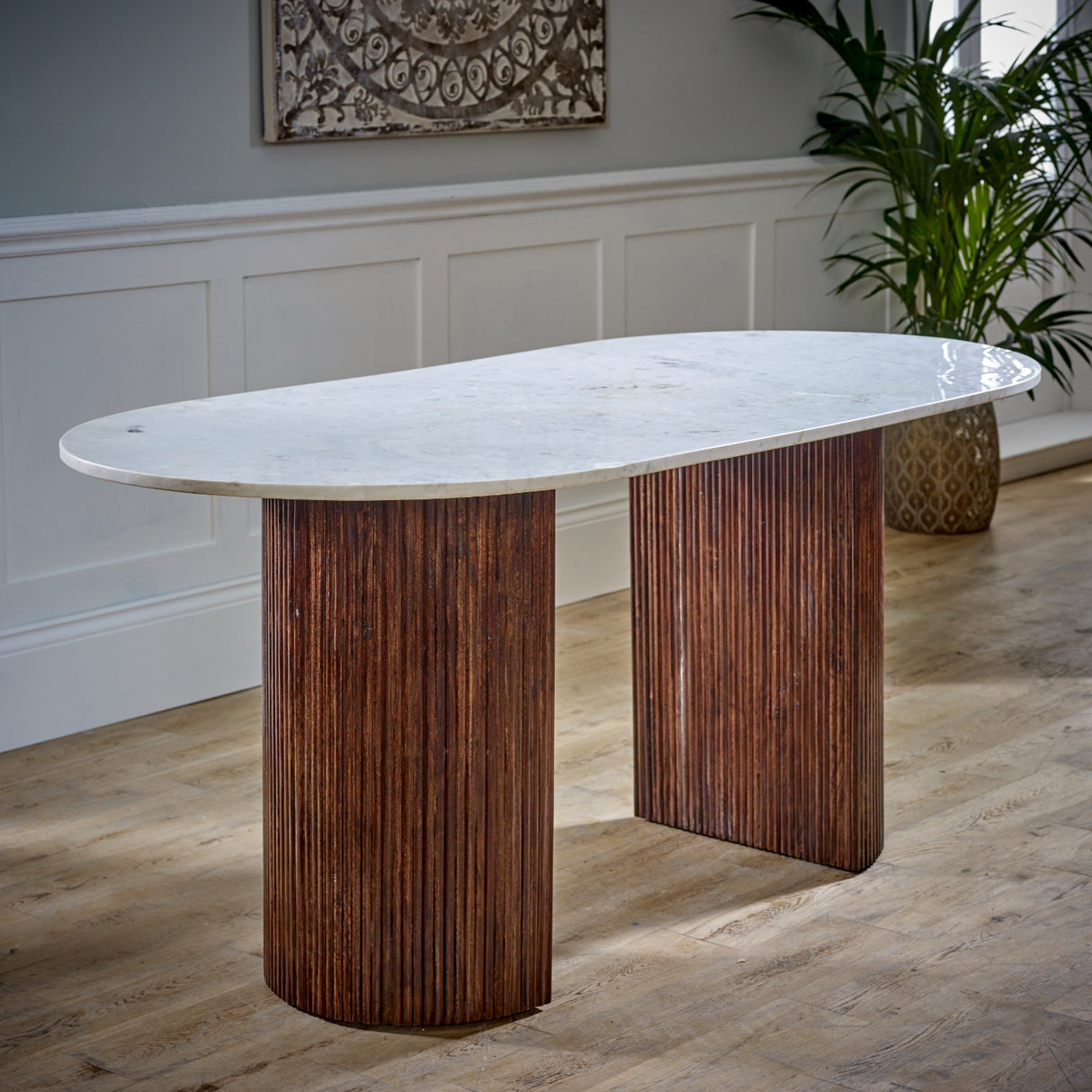 Solid Mango Wood Dining Table Oval for 4 to 6 People With Marble Top - Opal