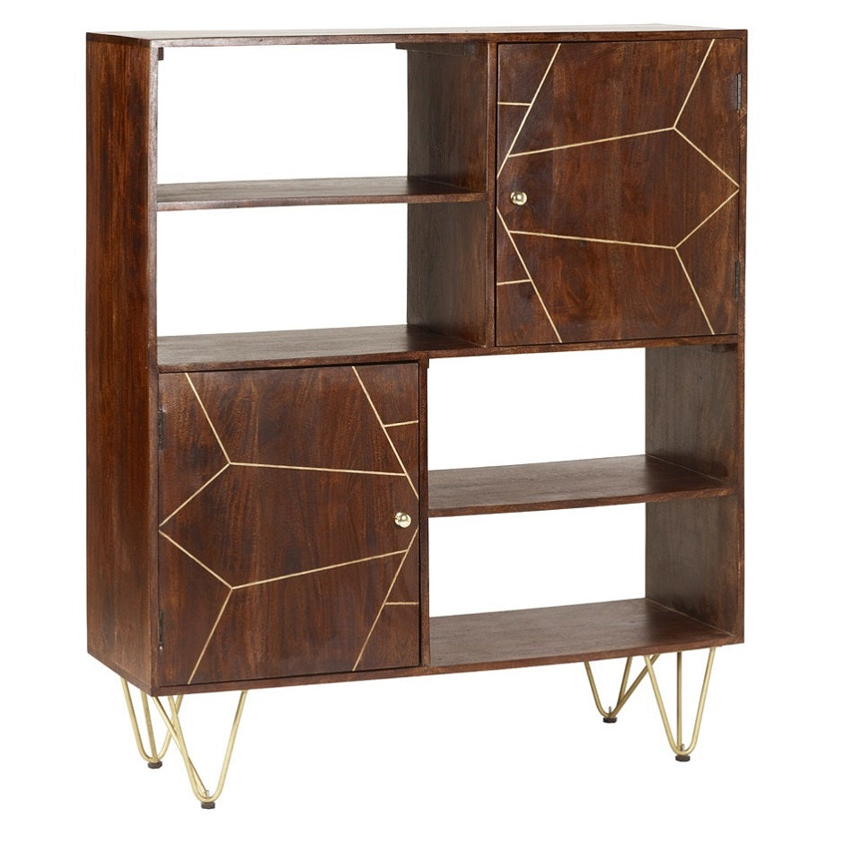 Solid Mango Wood Display Cabinet With 2 Doors And 4 Shelves - Dark Gold