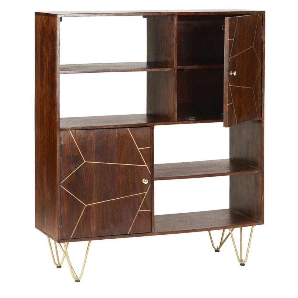 Solid Mango Wood Display Cabinet With 2 Doors And 4 Shelves - Dark Gold