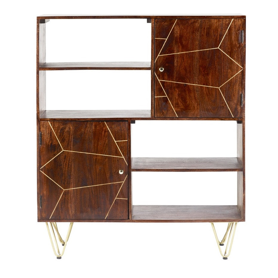 Solid Mango Wood Display Cabinet With 2 Doors And 4 Shelves - Dark Gold