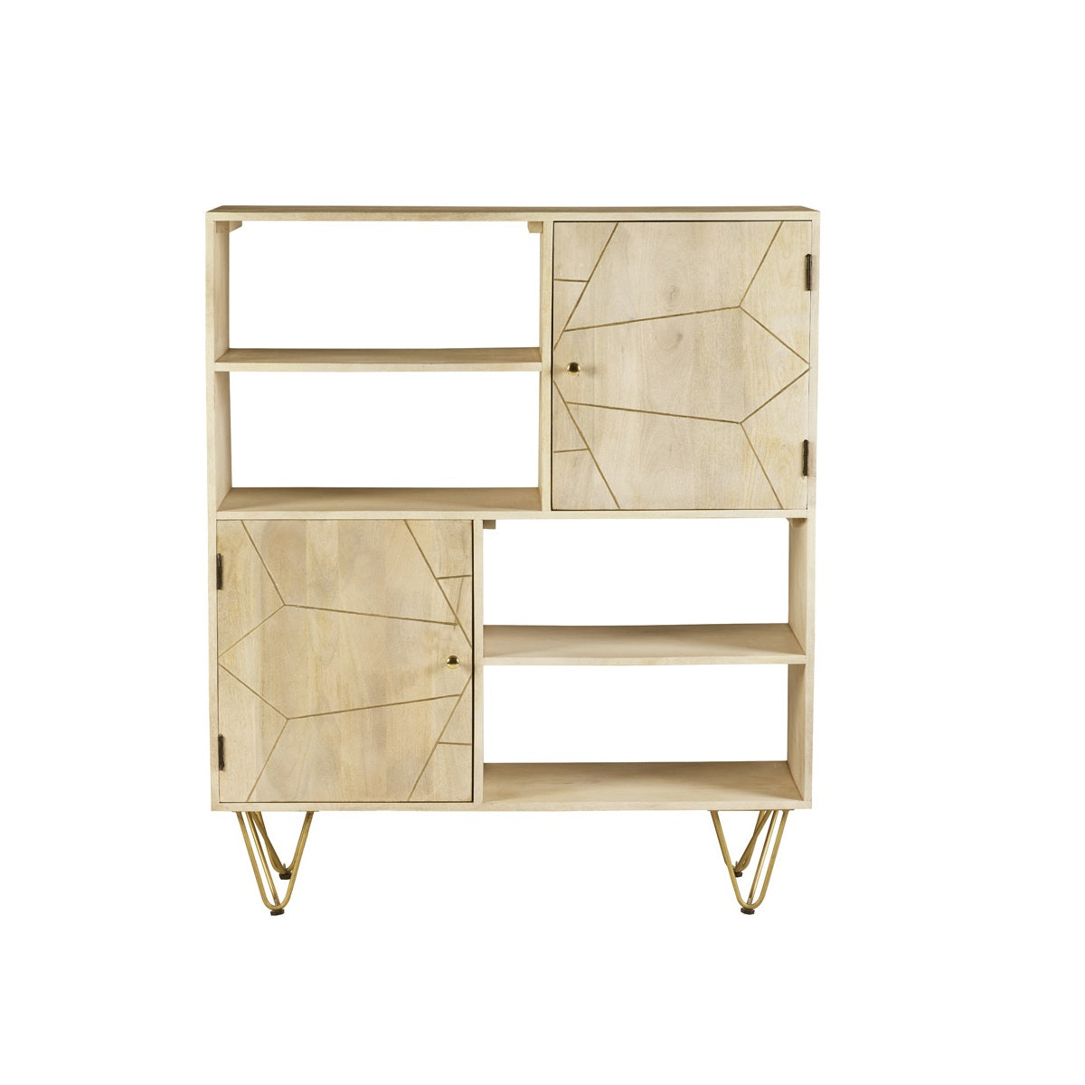 Solid Mango Wood Display Cabinet With 2 Doors And 4 Shelves - Light Gold