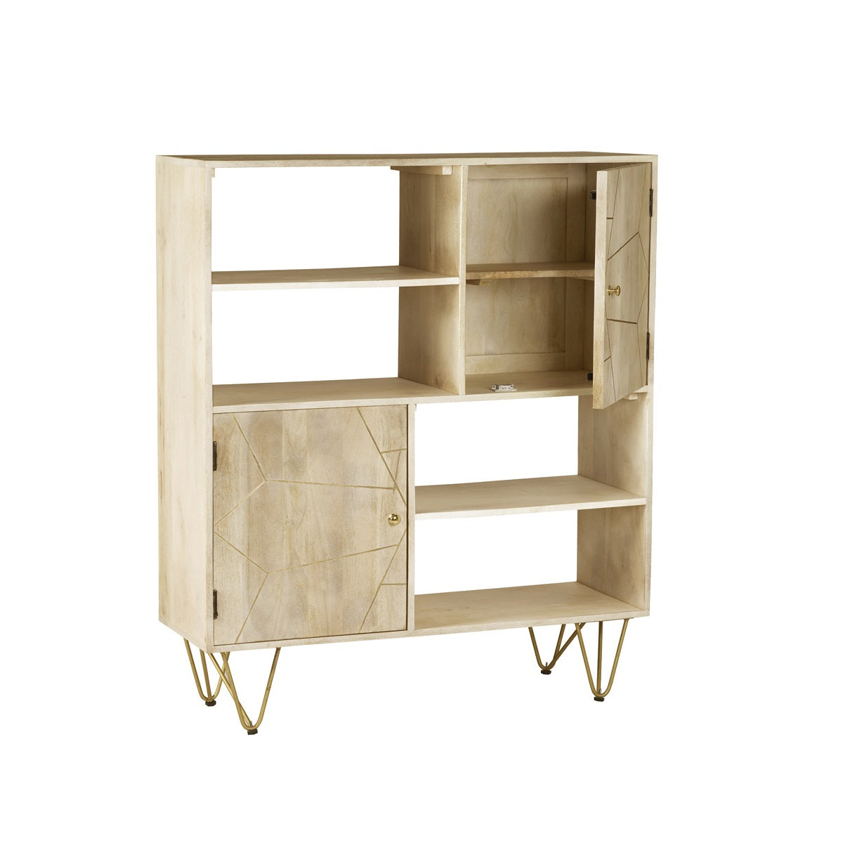 Solid Mango Wood Display Cabinet With 2 Doors And 4 Shelves - Light Gold