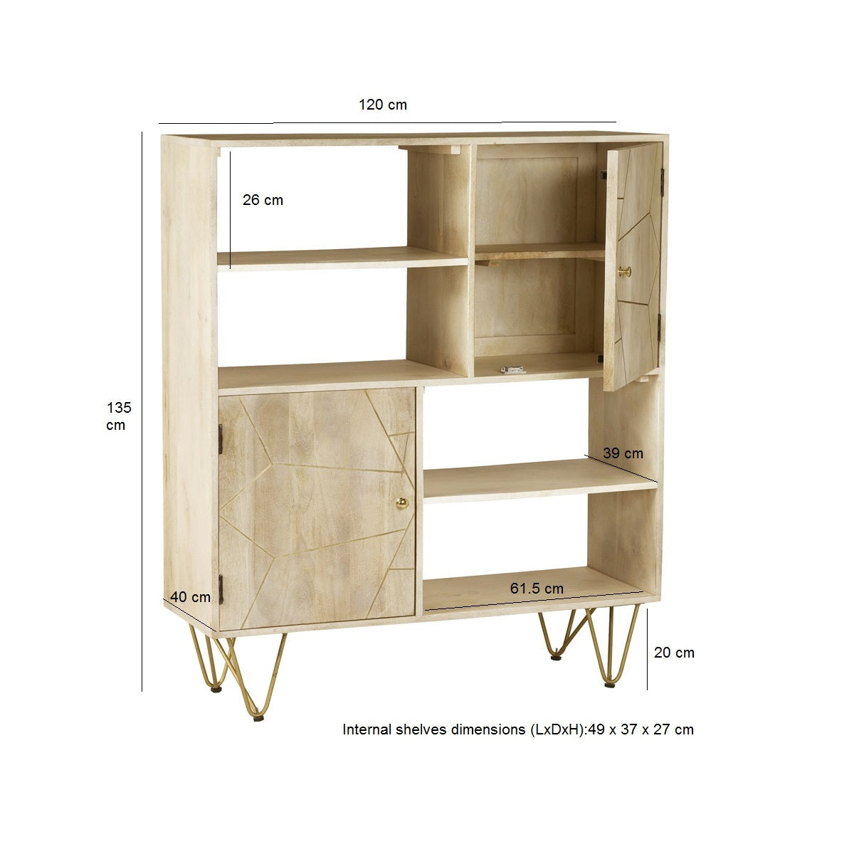 Solid Mango Wood Display Cabinet With 2 Doors And 4 Shelves - Light Gold