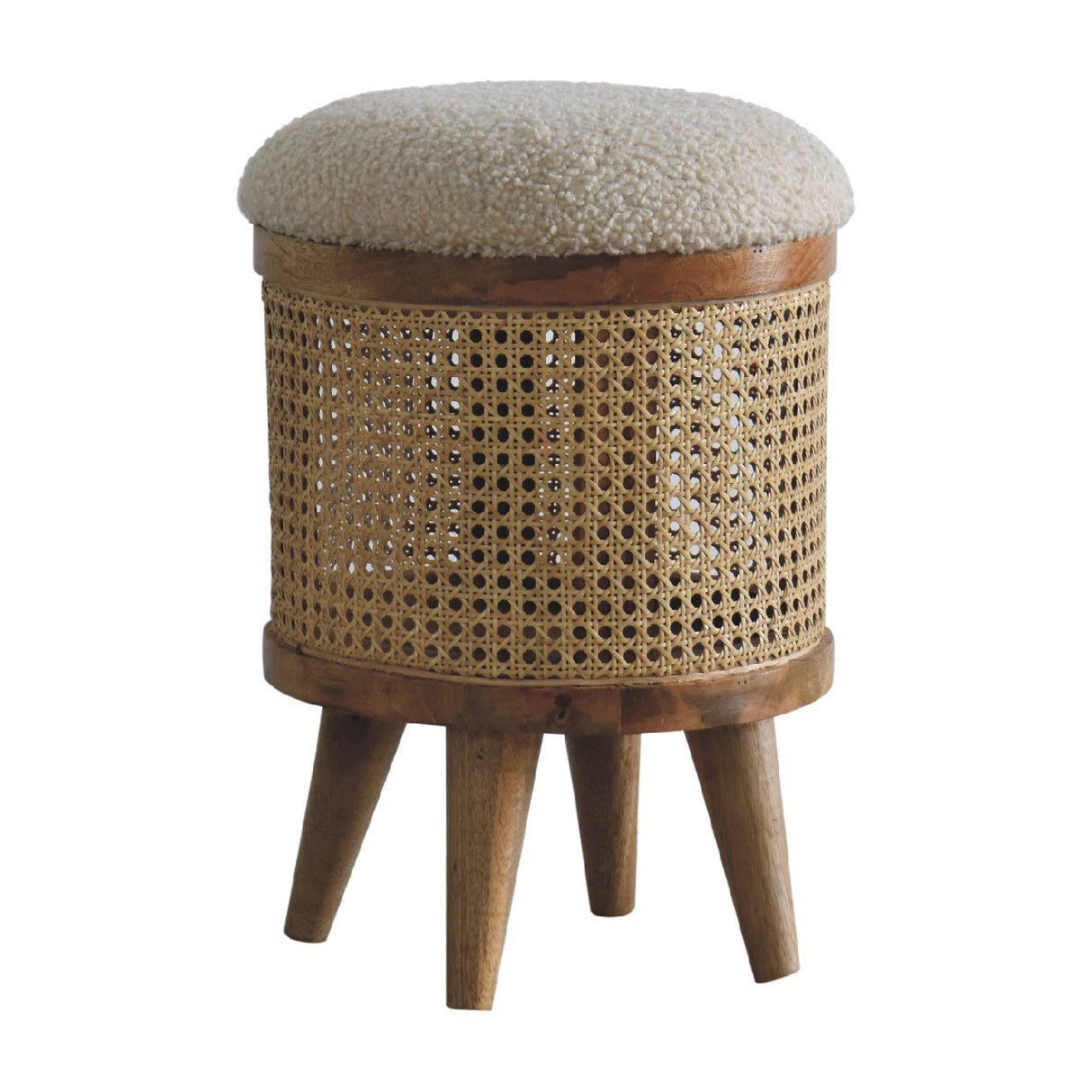 Solid Mango Wood Footstool With Boucle Fabric Top - Larissa