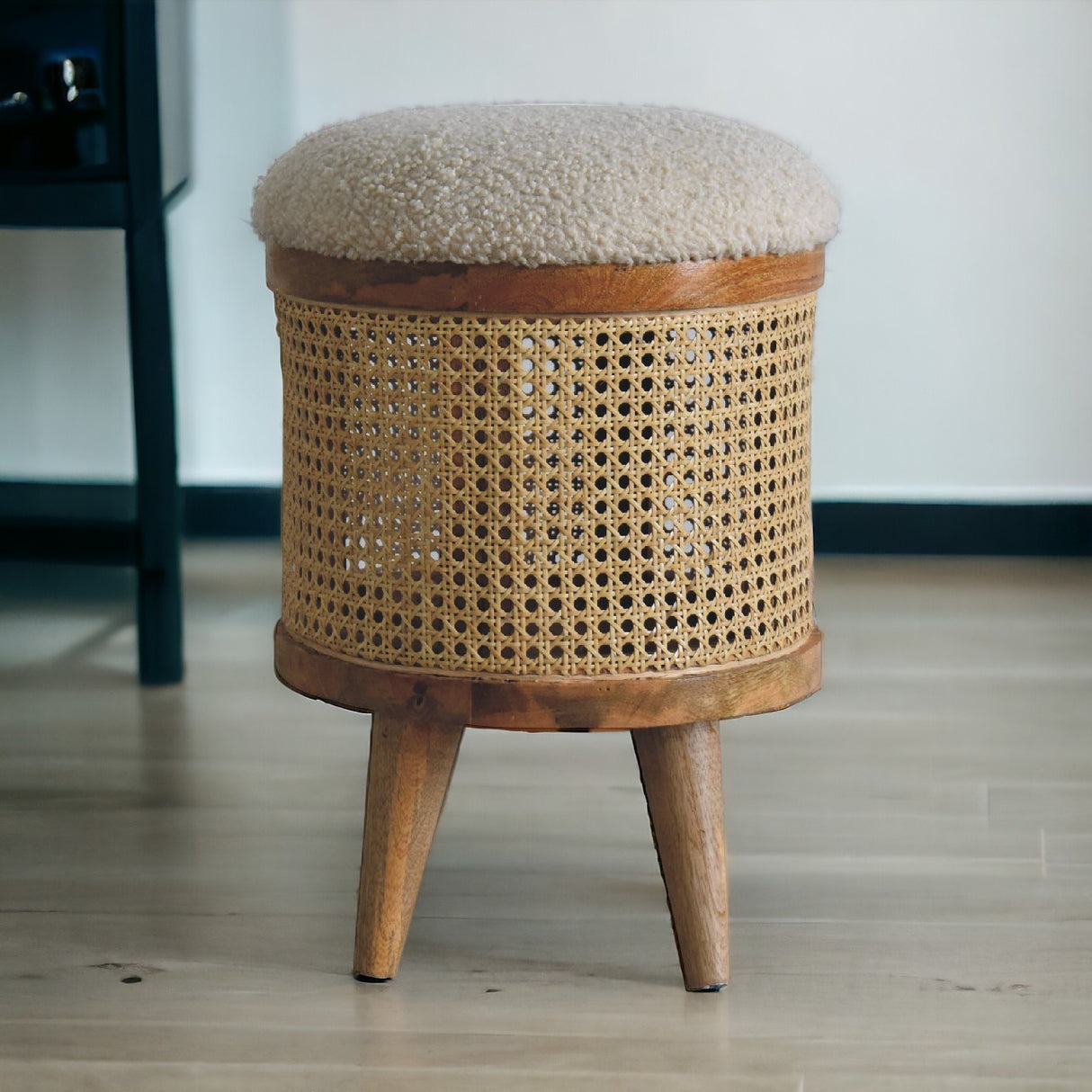 Solid Mango Wood Footstool With Boucle Fabric Top - Larissa