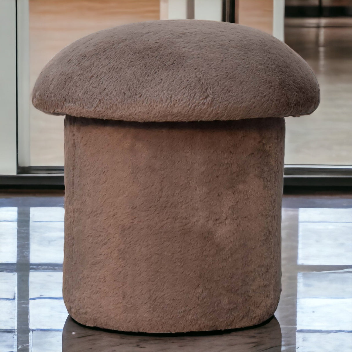 Solid Mango Wood Footstool With Faux Fur Top And Sides - Mocha