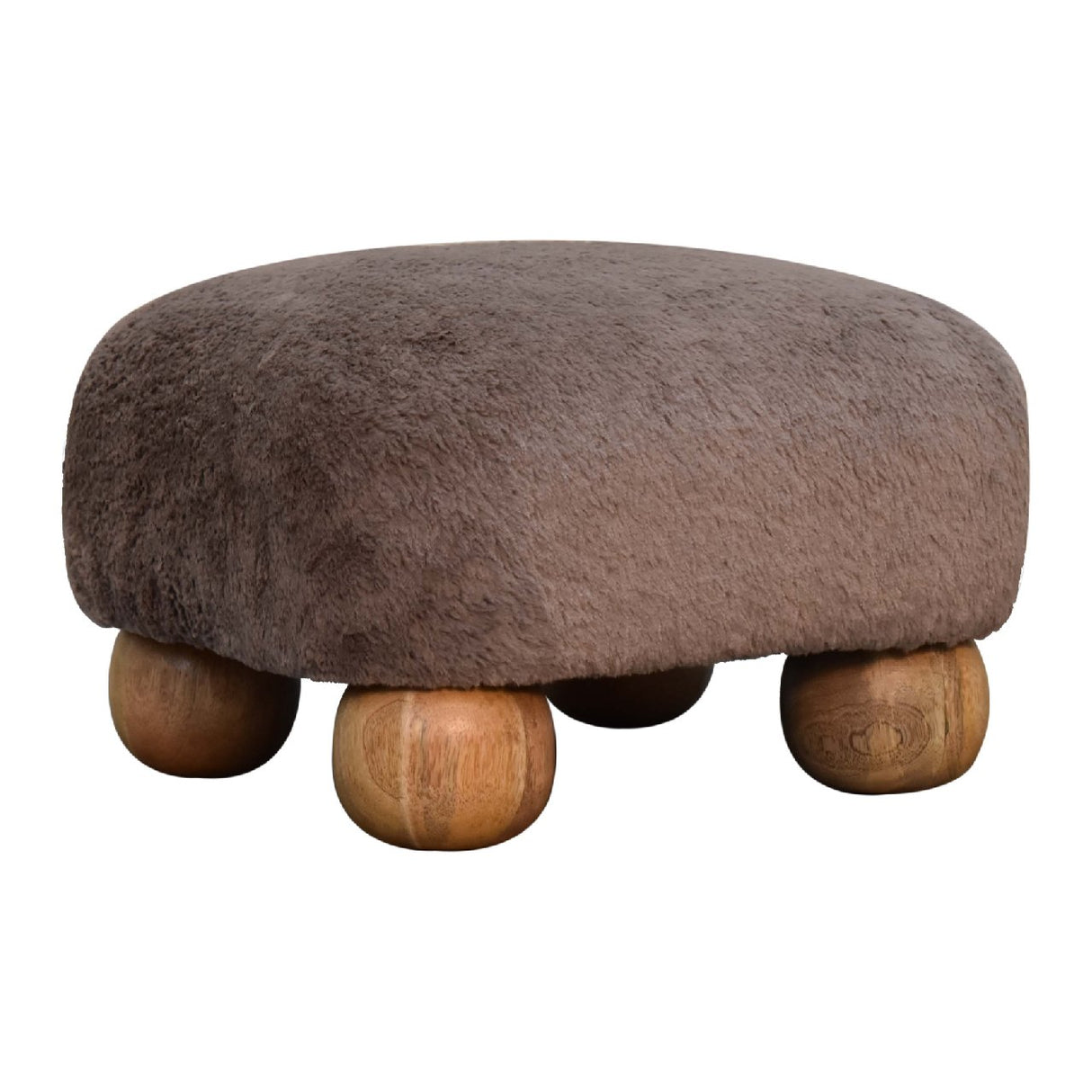Solid Mango Wood Footstool Nordic With Faux Fur Top - Mocha