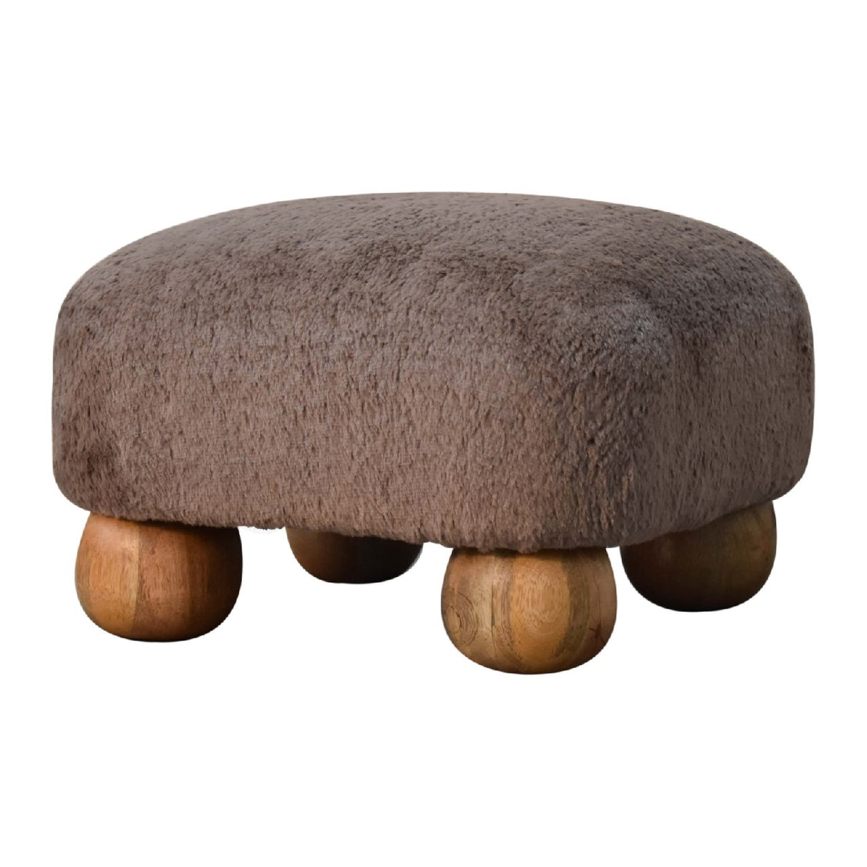 Solid Mango Wood Footstool Nordic With Faux Fur Top - Mocha