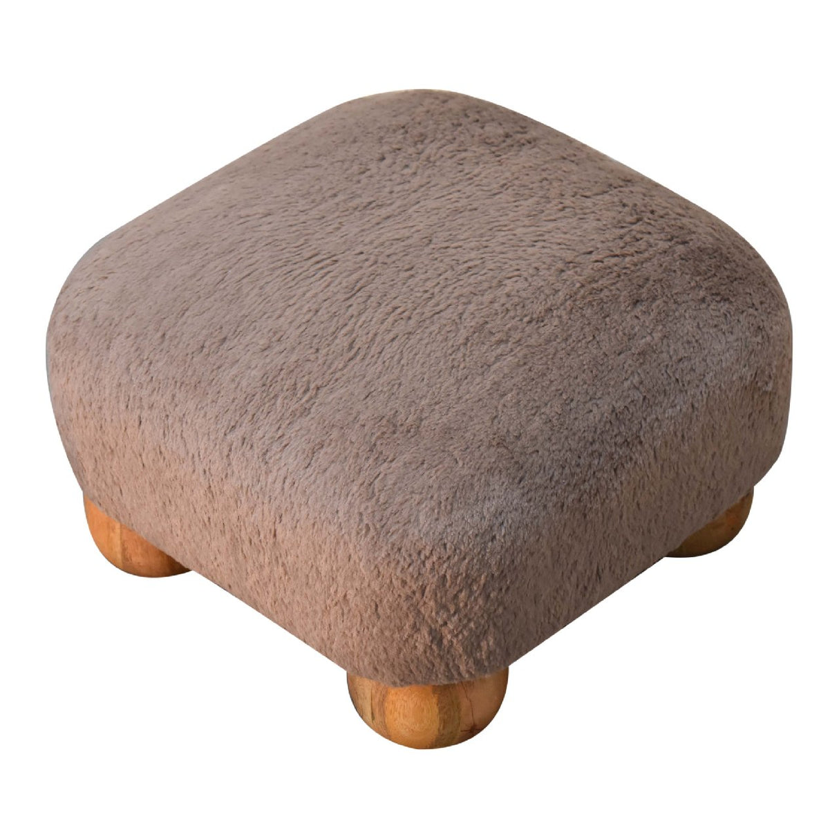 Solid Mango Wood Footstool Nordic With Faux Fur Top - Mocha