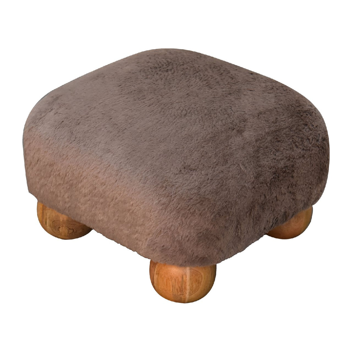 Solid Mango Wood Footstool Nordic With Faux Fur Top - Mocha