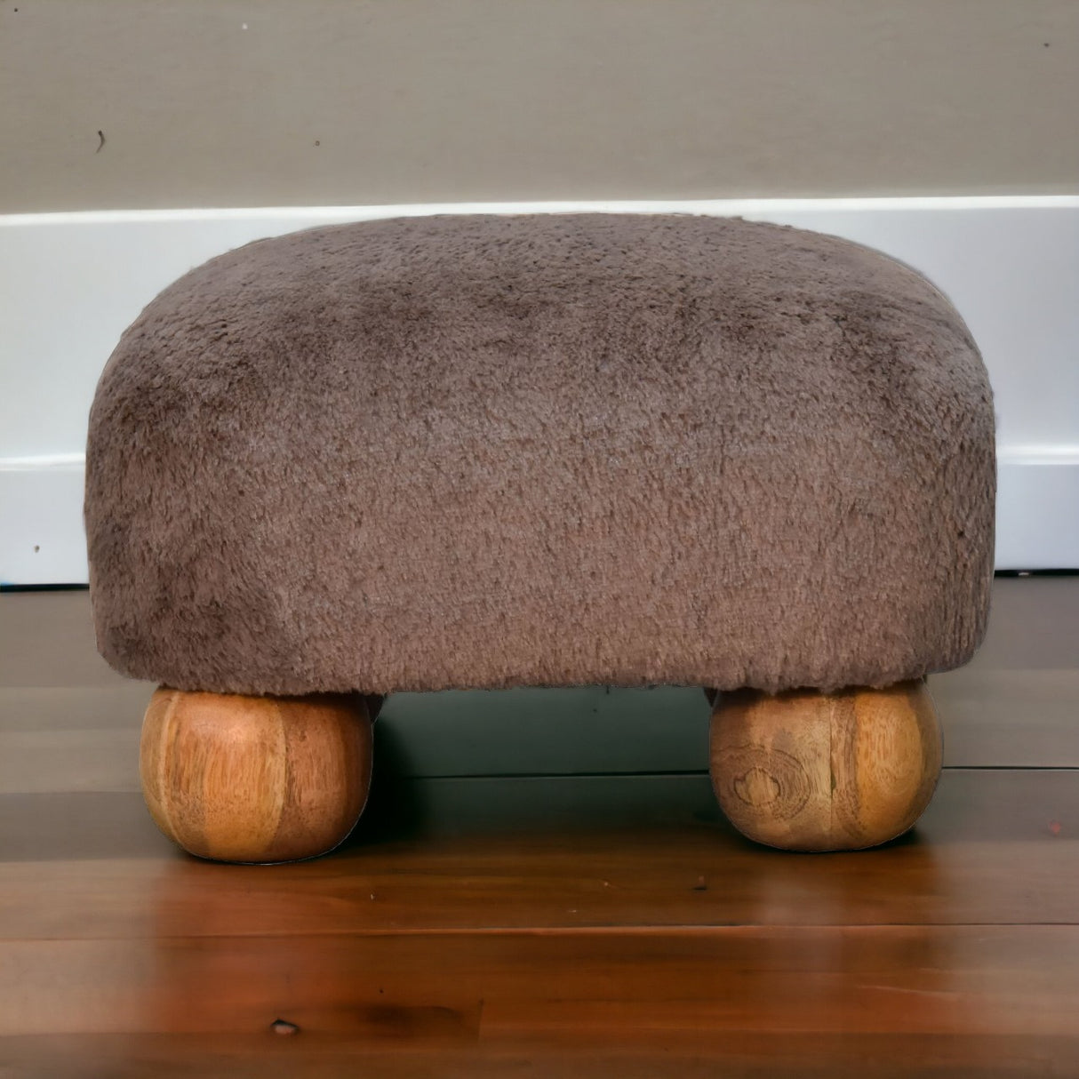 Solid Mango Wood Footstool Nordic With Faux Fur Top - Mocha