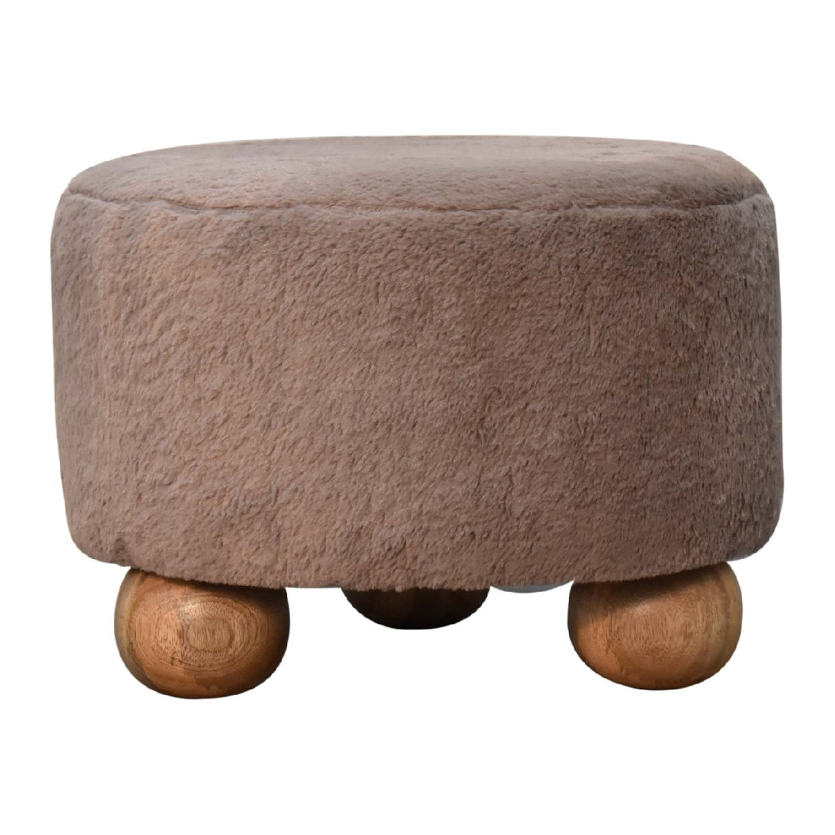Solid Mango Wood Footstool Round With Faux Fur Top - Mocha