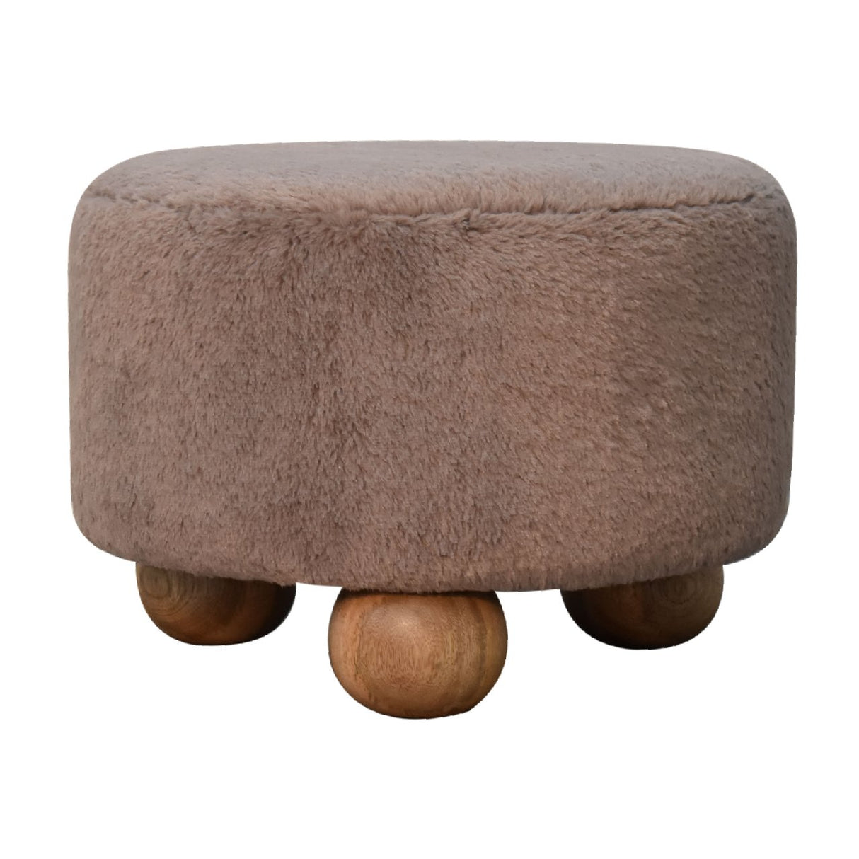 Solid Mango Wood Footstool Round With Faux Fur Top - Mocha