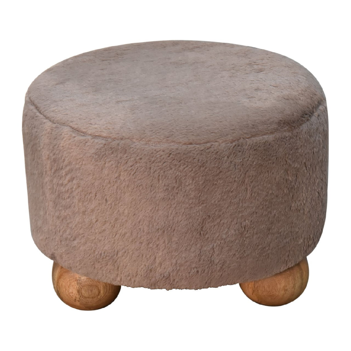 Solid Mango Wood Footstool Round With Faux Fur Top - Mocha