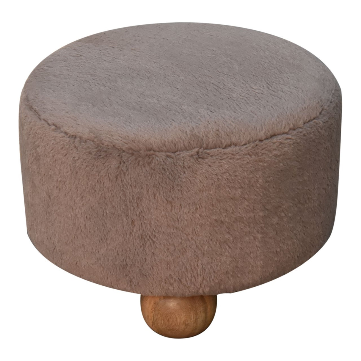 Solid Mango Wood Footstool Round With Faux Fur Top - Mocha