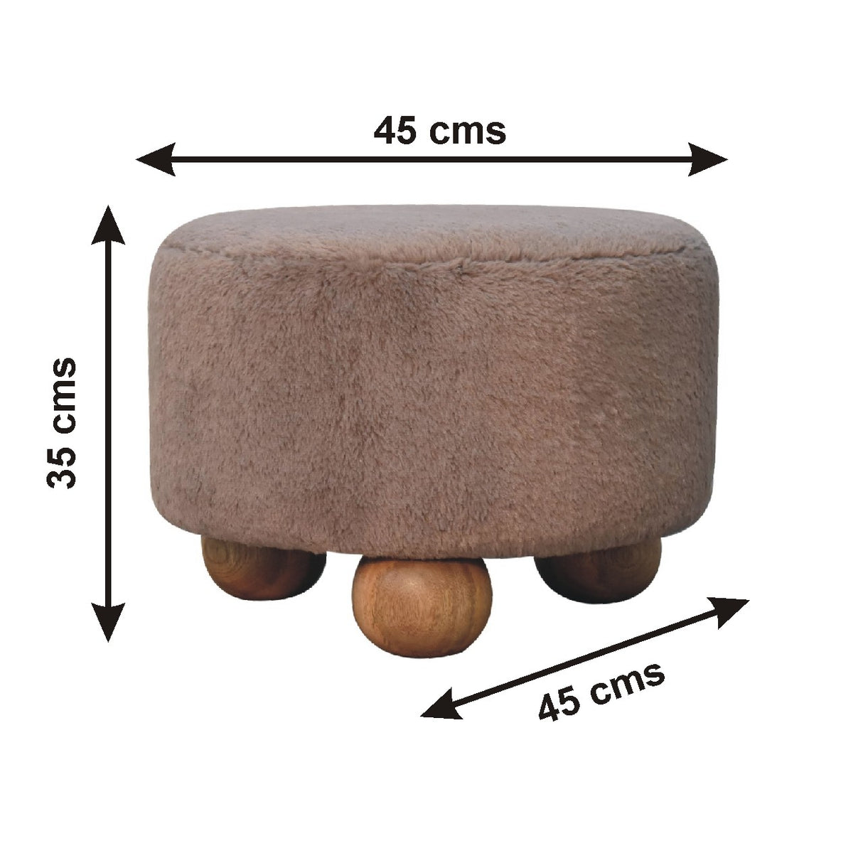 Solid Mango Wood Footstool Round With Faux Fur Top - Mocha