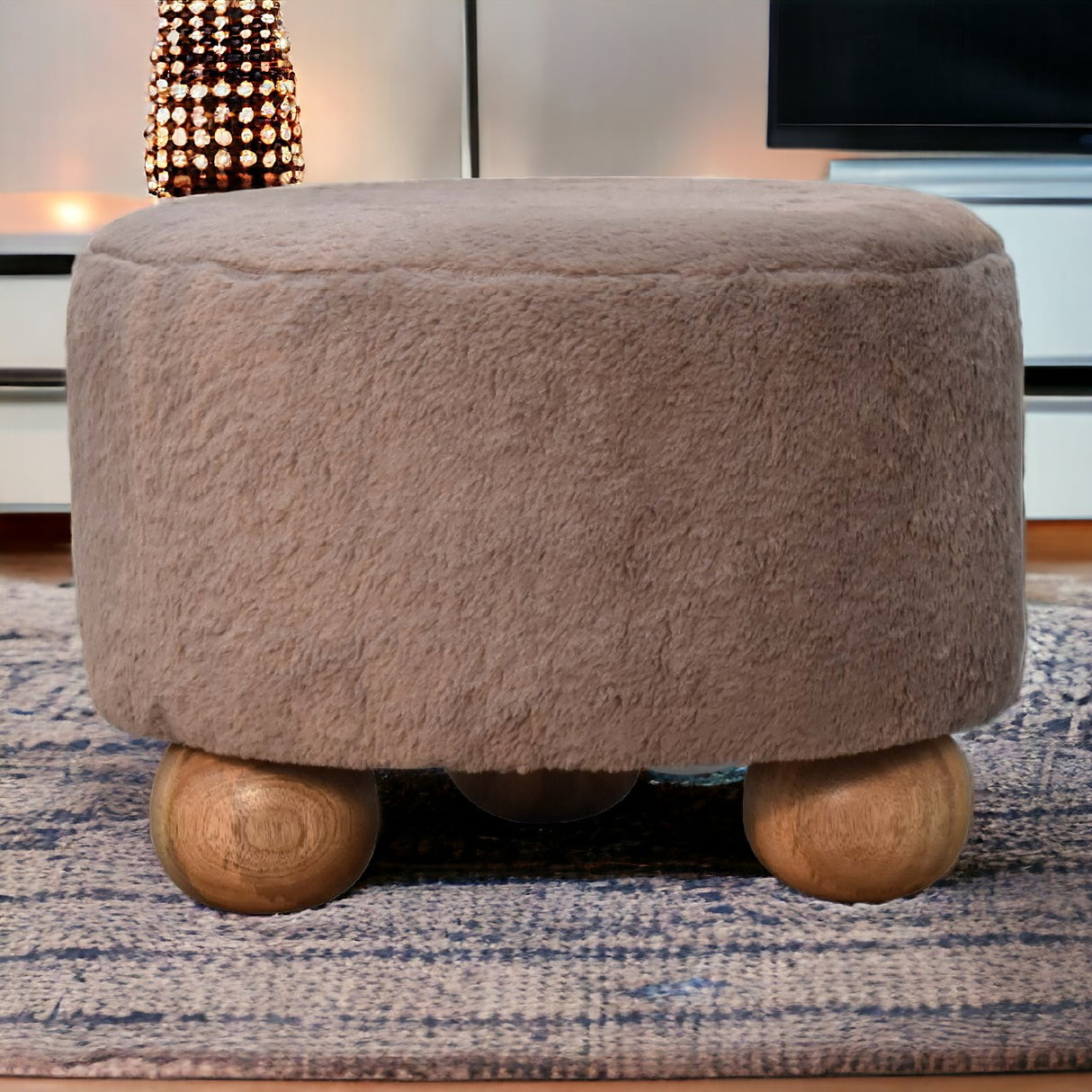 Solid Mango Wood Footstool Round With Faux Fur Top - Mocha