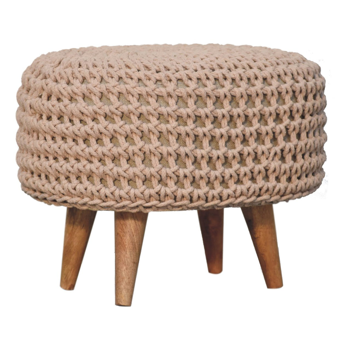 Solid Mango Wood Footstool Round With Oblong Woven Top - Keeva